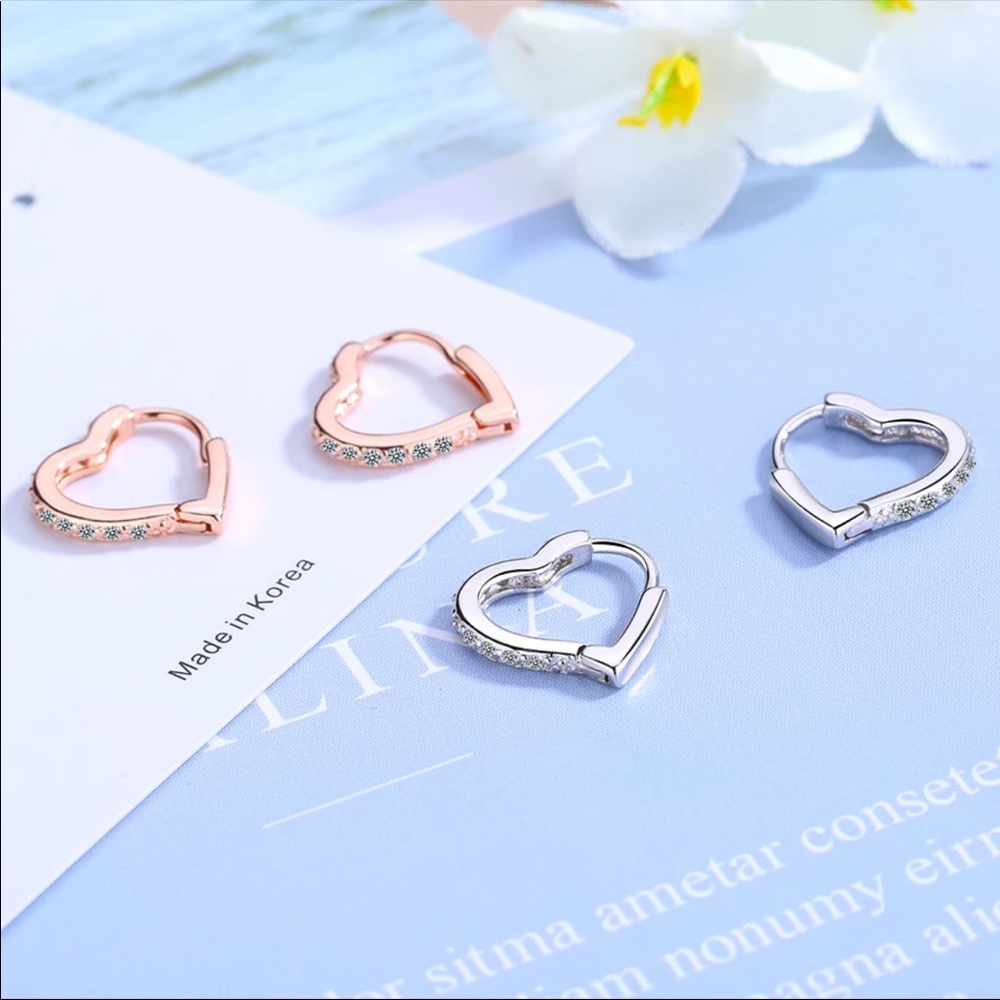 🌟 Silver 925 Huggie Hoop Heart Earrings CZ